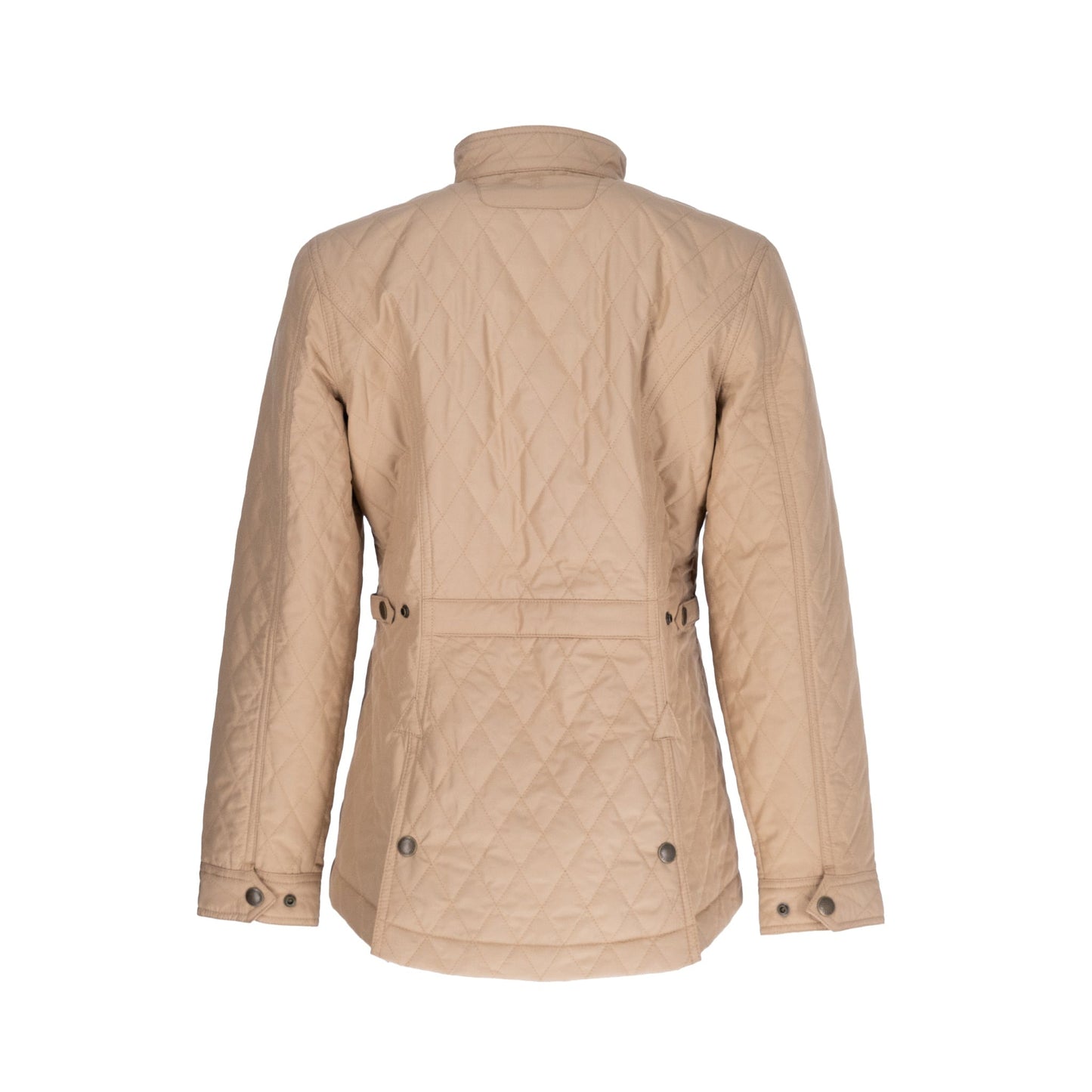 Tom Beckbes Womens Camden Quilted Jacket in beige features a high collar, windproof shell, buttons, and adjustable waist straps.