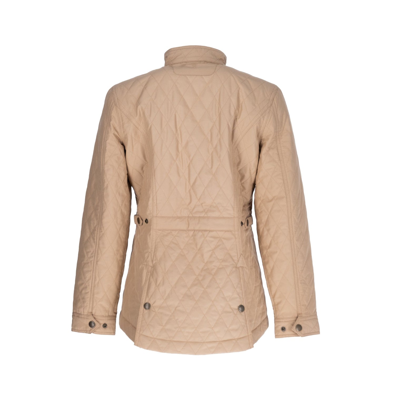 Tom Beckbes Womens Camden Quilted Jacket in beige features a high collar, windproof shell, buttons, and adjustable waist straps.
