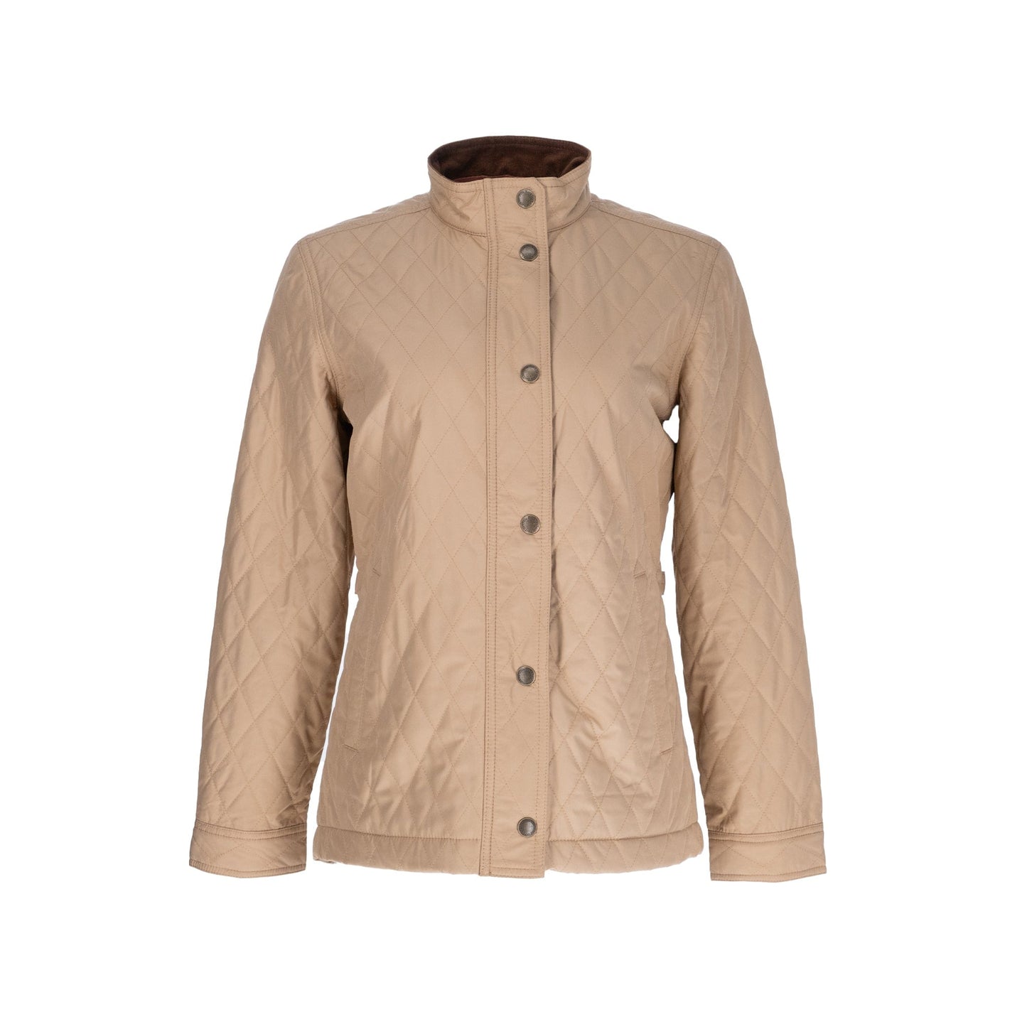 Tom Beckbes Womens Camden Quilted Jacket in tan features a windproof shell, long sleeves, button closure, and stand-up collar.