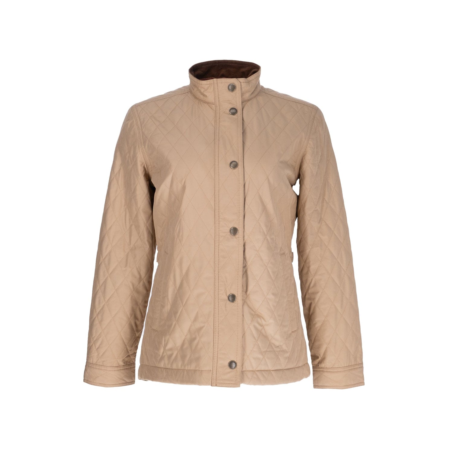 Tom Beckbes Womens Camden Quilted Jacket in tan features a windproof shell, long sleeves, button closure, and stand-up collar.