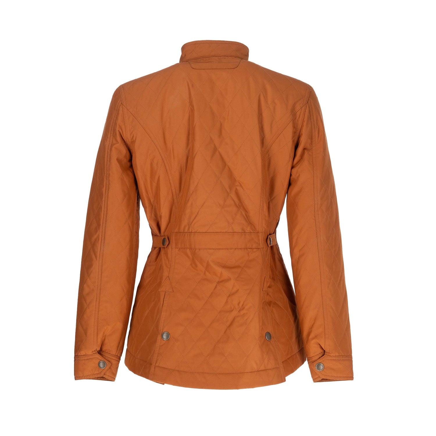 Back view of Tom Beckbes Womens Camden Quilted Jacket, featuring a brown windproof shell, buttoned belt, cuffs, and collar.