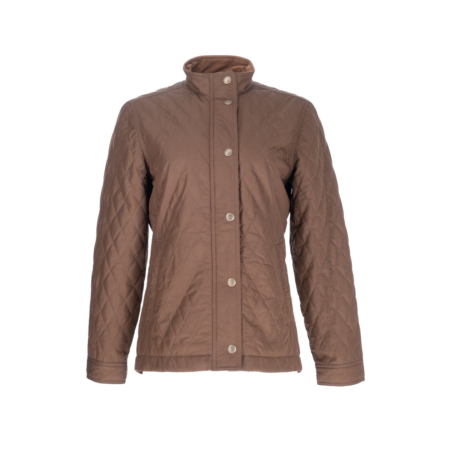 Tom Beckbes Womens Camden Quilted Jacket: Brown with snap buttons, premium insulation, and a high collar.