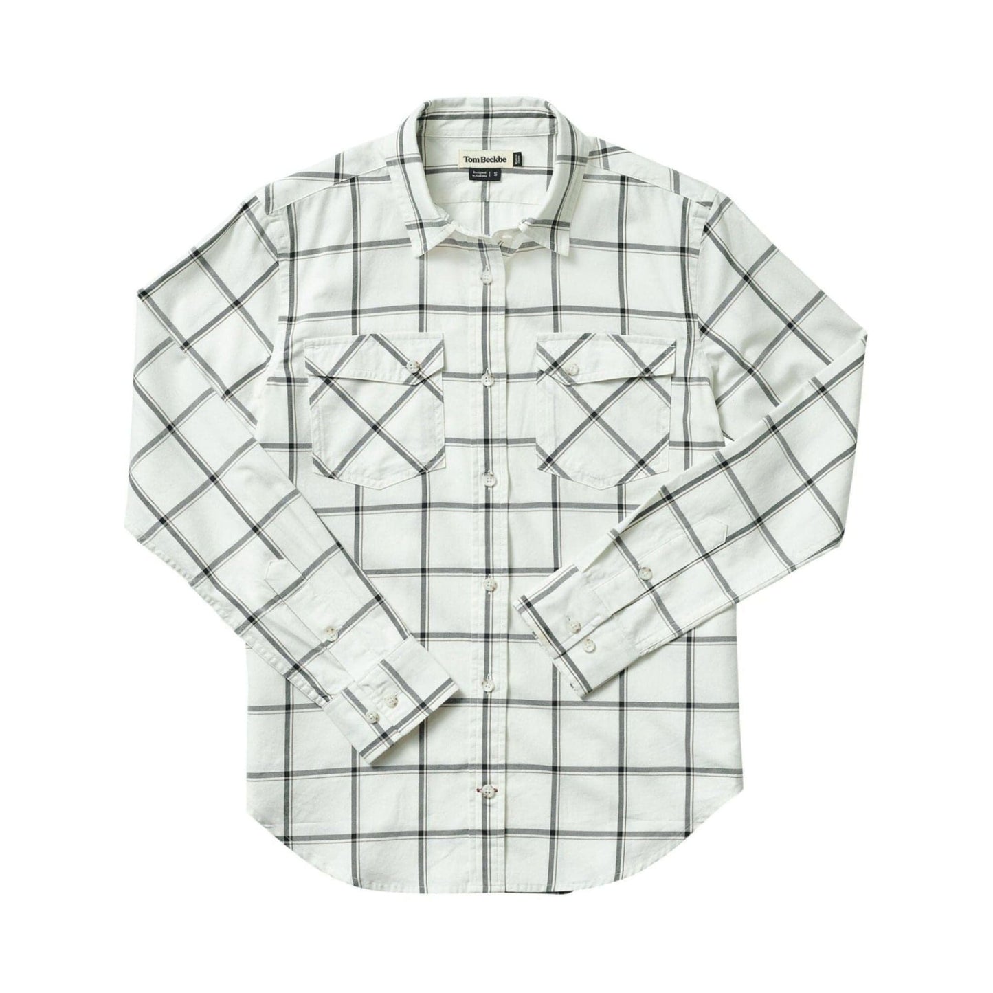 The Tom Beckbe Womens Suffolk Sport Shirt features a white button-up with a black grid pattern and two pockets.