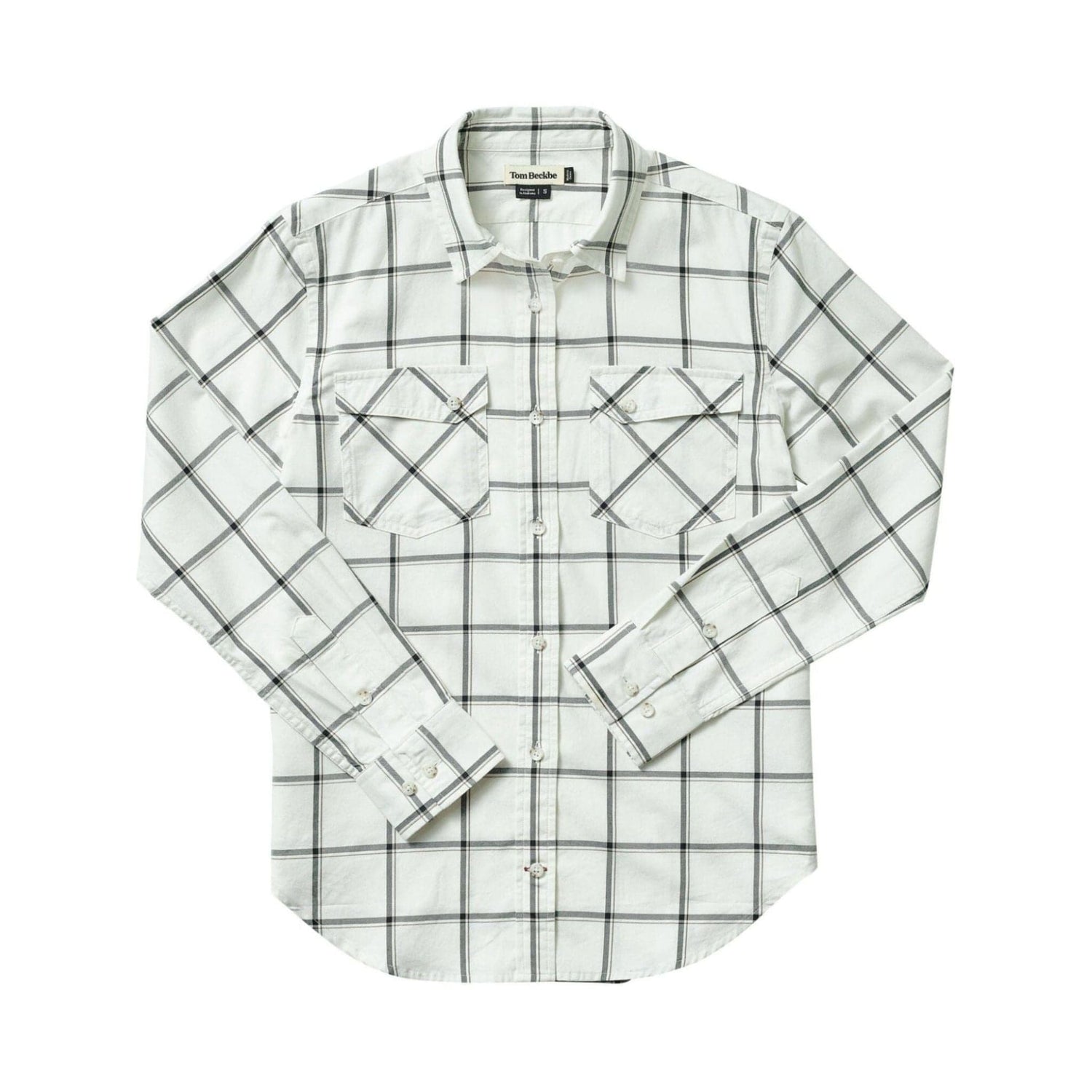 The Tom Beckbe Womens Suffolk Sport Shirt features a white button-up with a black grid pattern and two pockets.