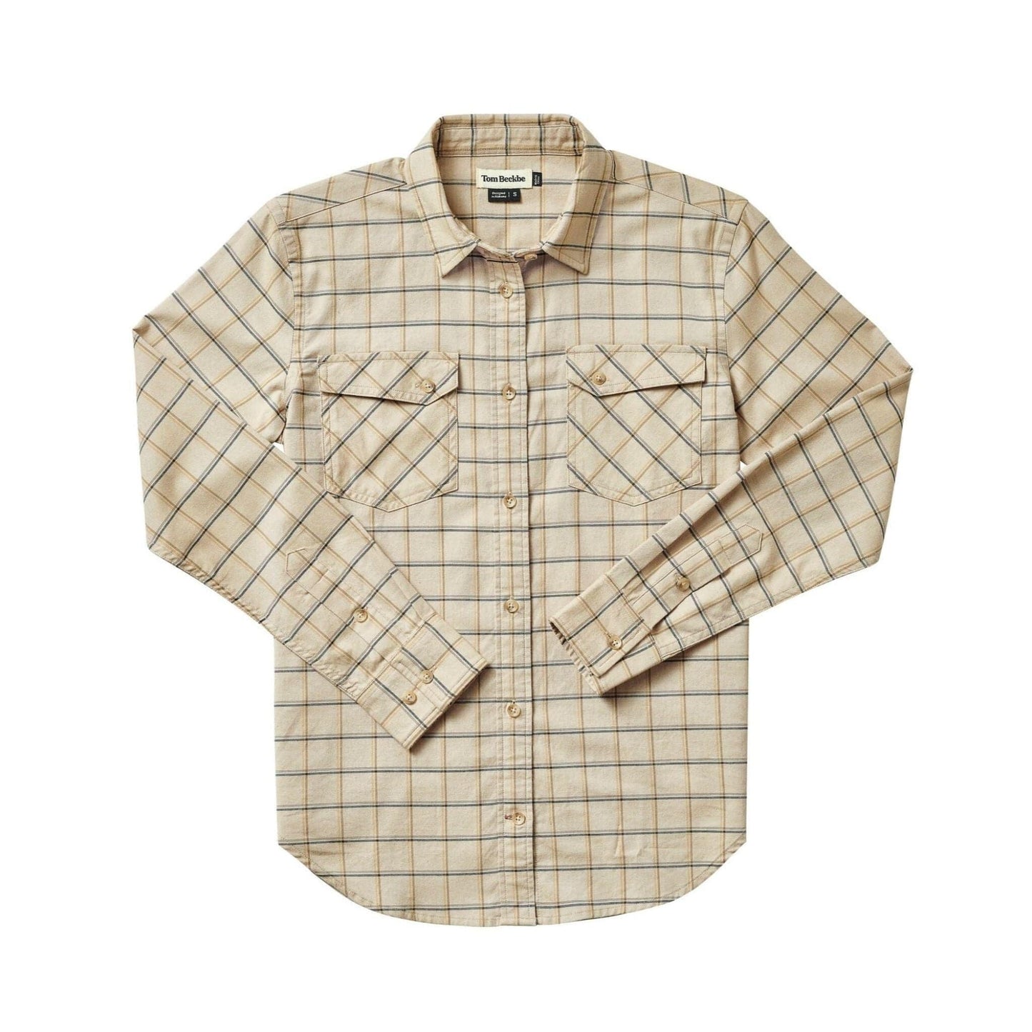 Tom Beckbes Womens Suffolk Sport Shirt in beige plaid lies flat; a long-sleeve button-up with two chest pockets.