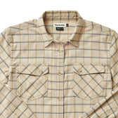 Tom Beckbe Womens Suffolk Sport Shirt in beige plaid with double chest pockets and a collar, spread on a flat surface.