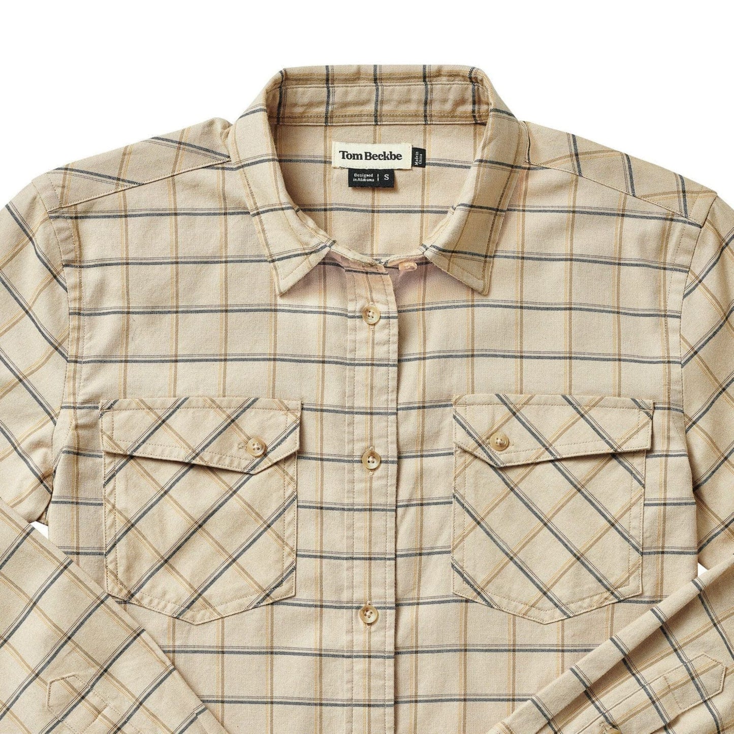 Tom Beckbe Womens Suffolk Sport Shirt in beige plaid with double chest pockets and a collar, spread on a flat surface.