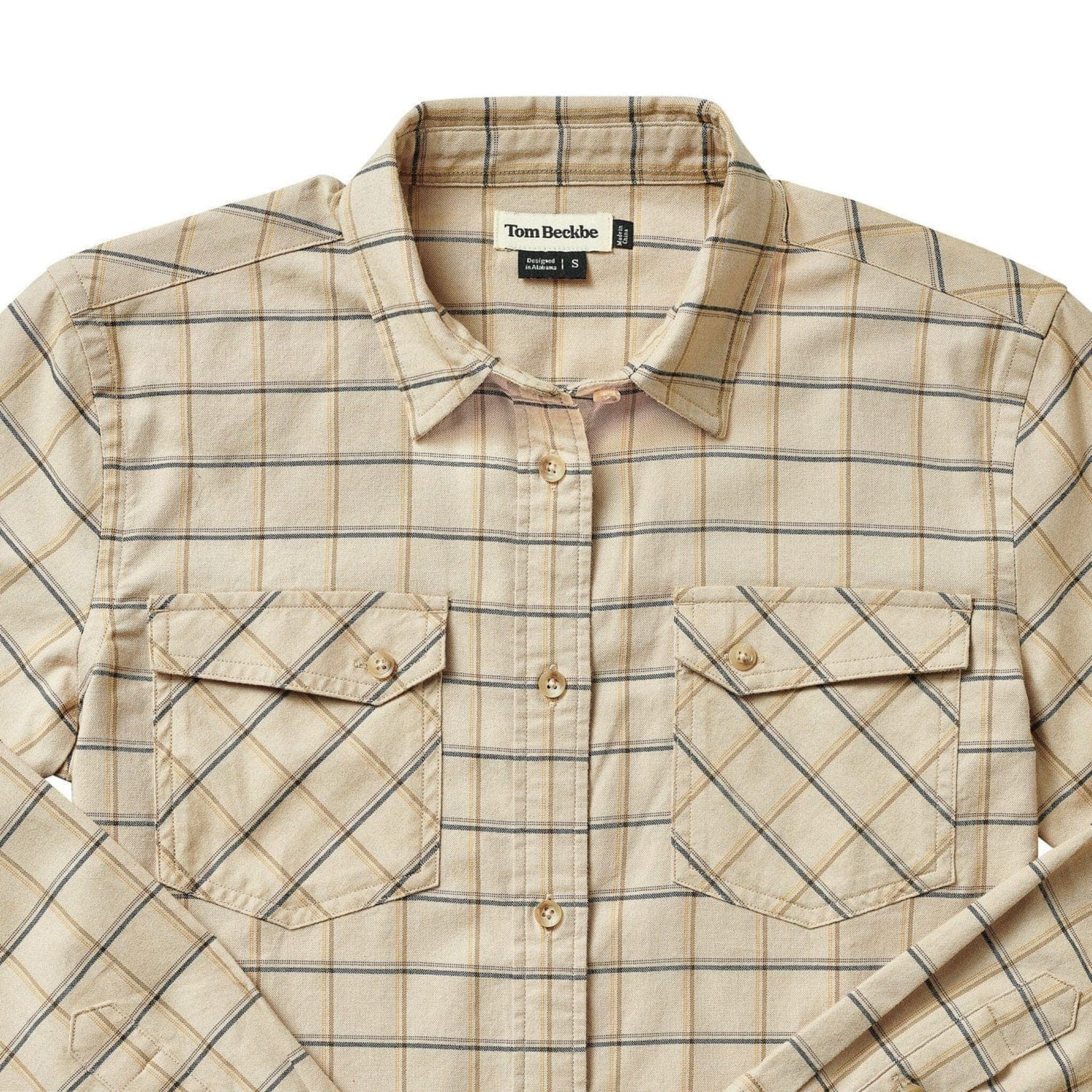 Tom Beckbe Womens Suffolk Sport Shirt in beige plaid with double chest pockets and a collar, spread on a flat surface.