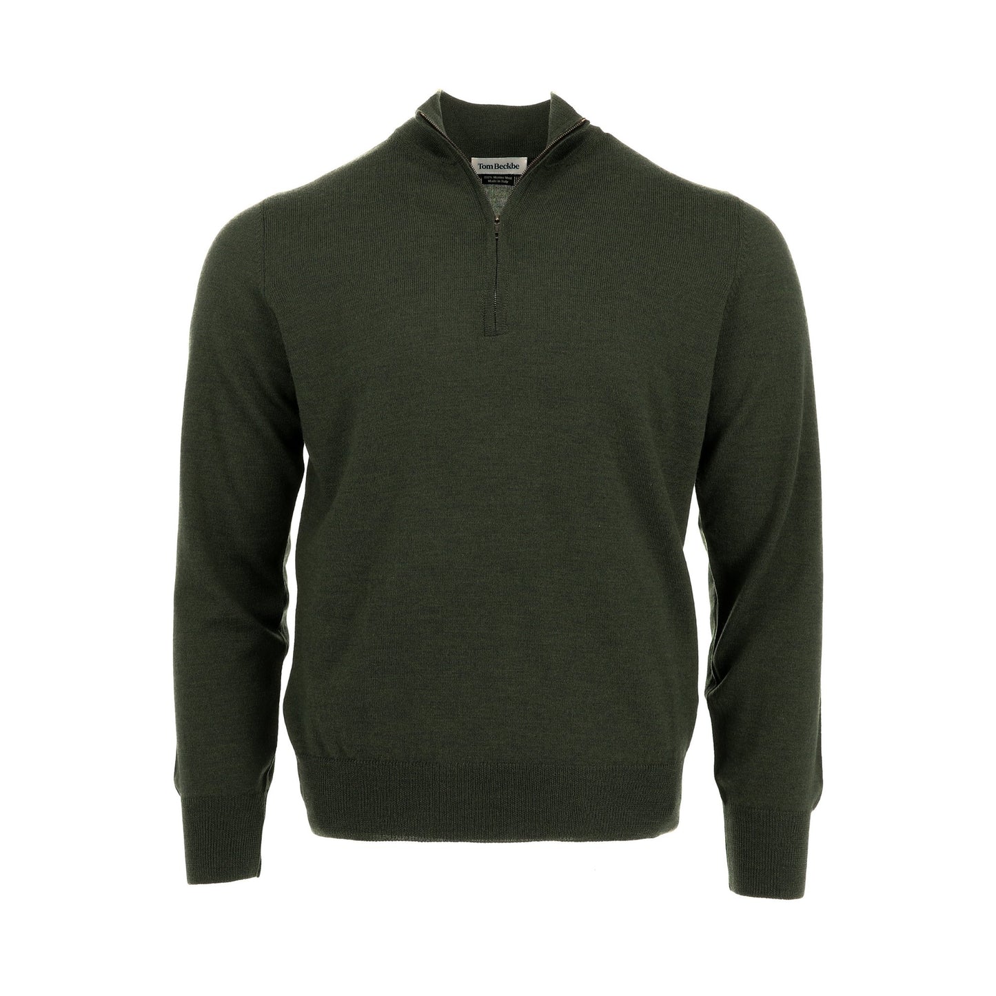 The Tom Beckbe York Merino Quarter Zip in dark green for men, made in Italy, shown on a plain white background.