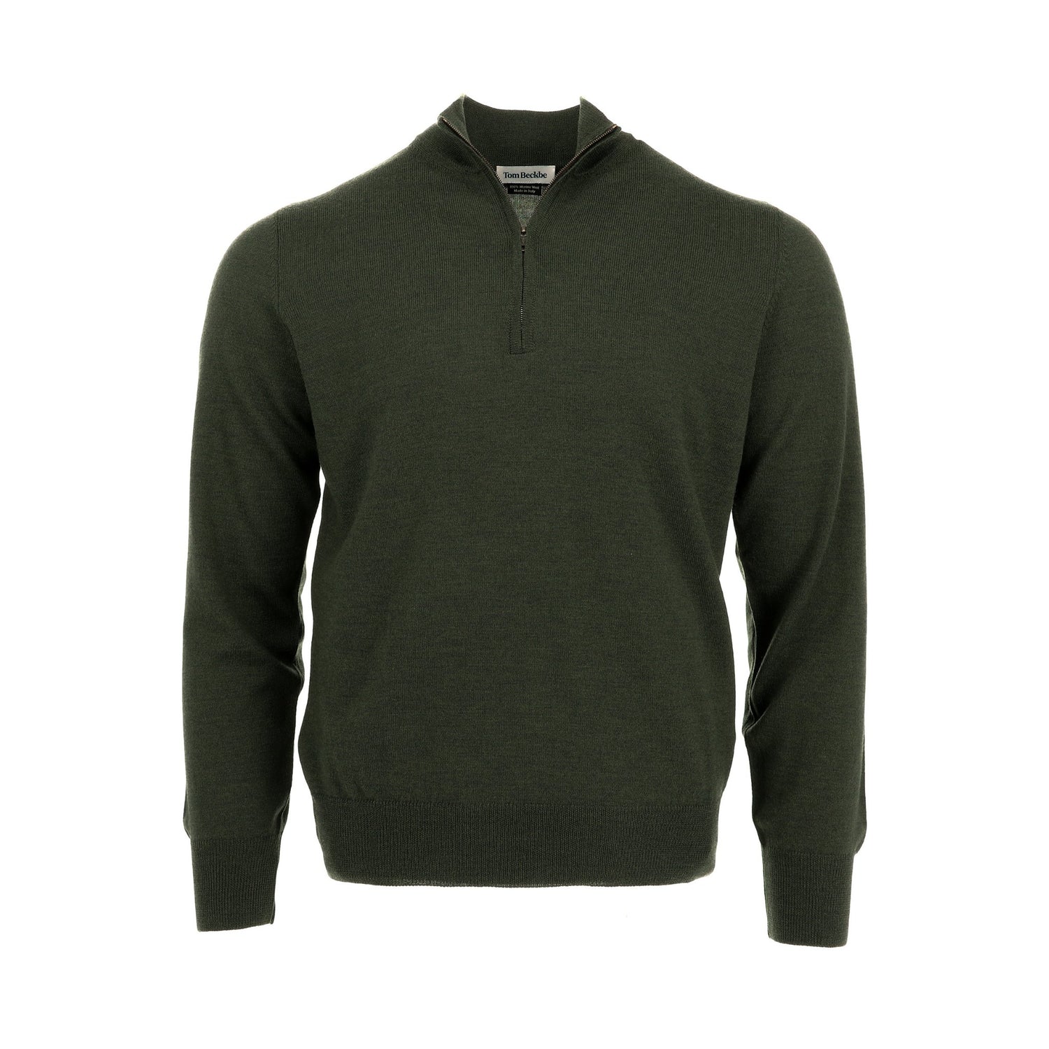 The Tom Beckbe York Merino Quarter Zip in dark green for men, made in Italy, shown on a plain white background.