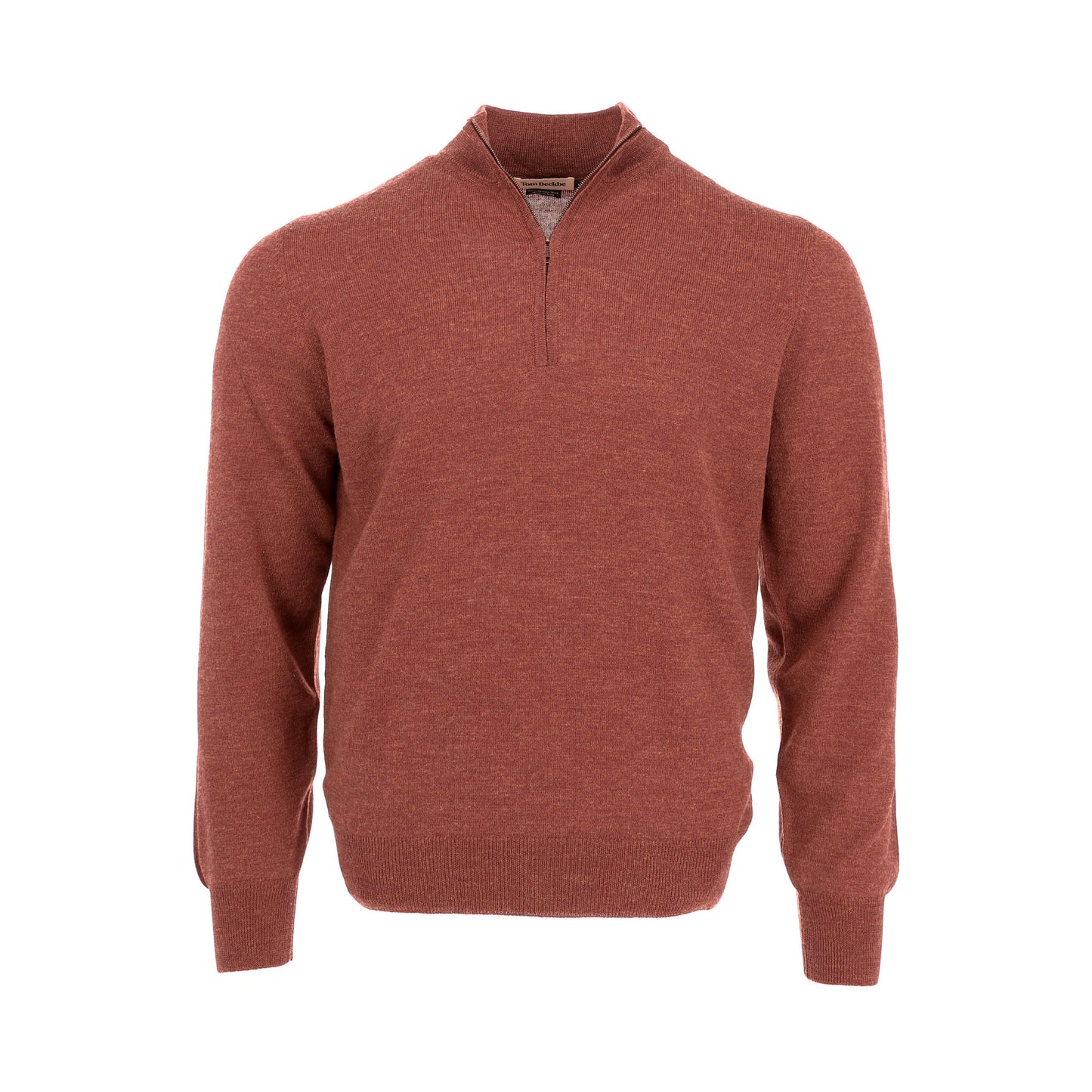Rust men's York Merino Quarter Zip by Tom Beckbe, high collar, Italian-made from Merino wool.