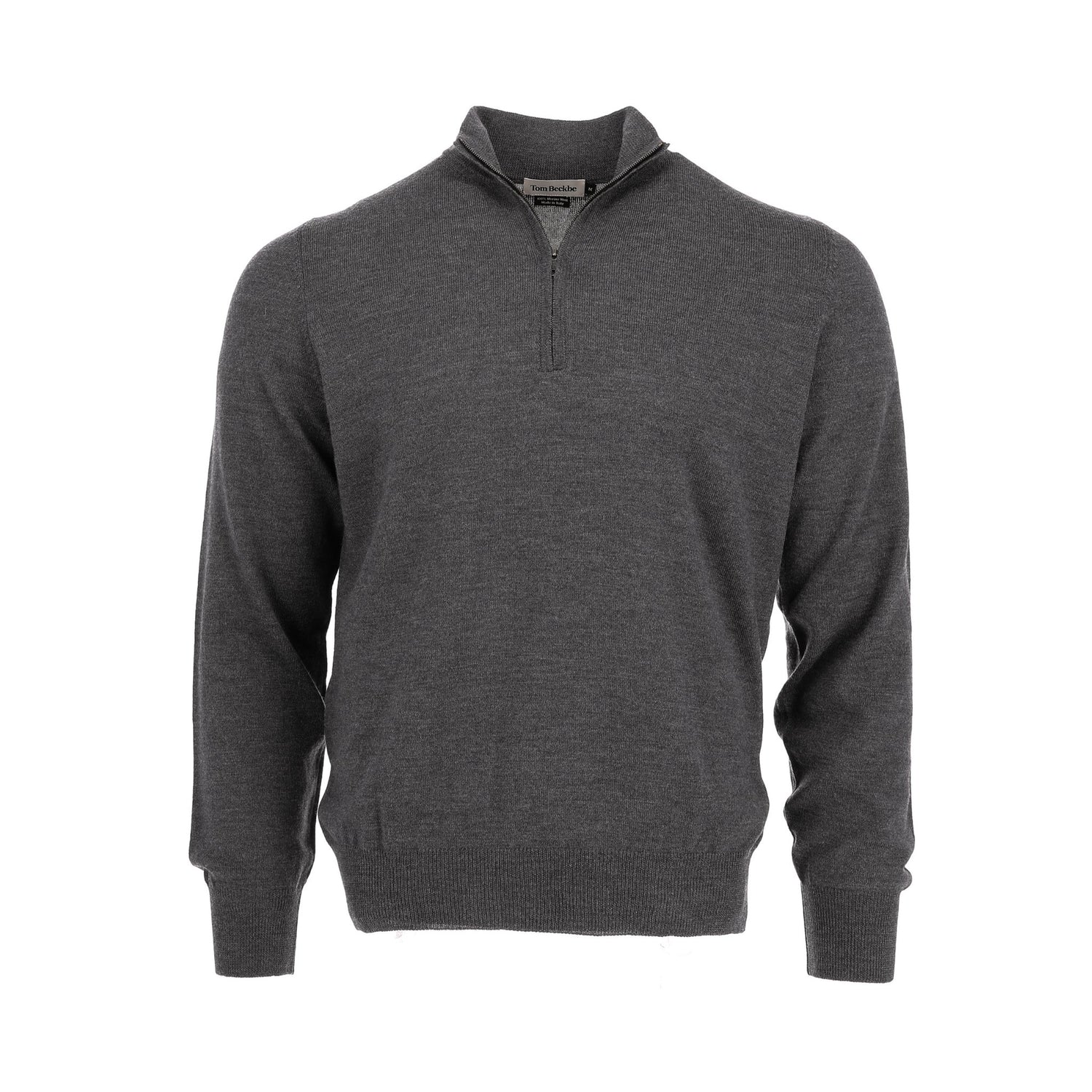 The York Merino Quarter Zip by Tom Beckbe: dark grey men's sweater in soft Italian Merino wool on white background.