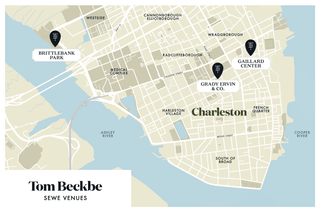Map showing four venues in Charleston: Brittlebank Park, Gaillard Center, Grady Ervin & Co., and a NW location near Cannonborough.