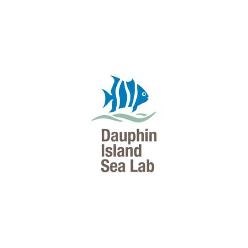 Logo of Dauphin Island Sea Lab featuring a stylized blue fish above the text on a white background.