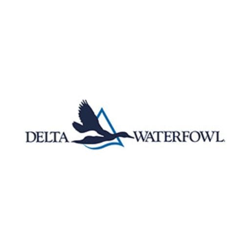 Logo of Delta Waterfowl featuring a flying duck silhouette over stylized blue waves with the text Delta Waterfowl beside it.