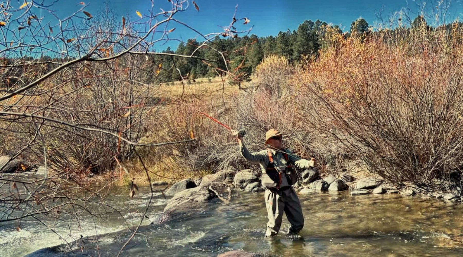 A person stands in a shallow stream fly fishing, surrounded by autumn foliage and clear blue sky.