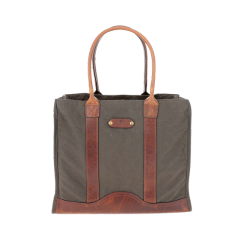 A green canvas tote bag with brown leather handles and trim, displayed against a plain white background.