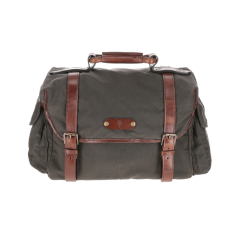 A dark green canvas duffel bag with brown leather straps and a handle, shown against a plain white background.