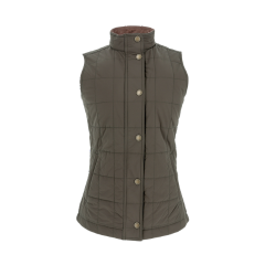 Sleeveless olive green quilted vest with a high collar and front snap buttons, displayed on a plain background.
