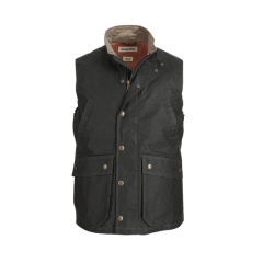 A black outdoor vest with multiple pockets and a high collar displayed on a white background.