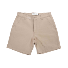Beige shorts with front pockets, belt loops, and a button closure, displayed on a plain background.