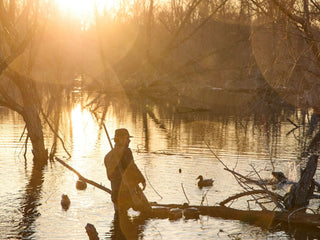 Person standing in water at sunrise with a hat and rifle, surrounded by trees and ducks in a tranquil, natural setting.