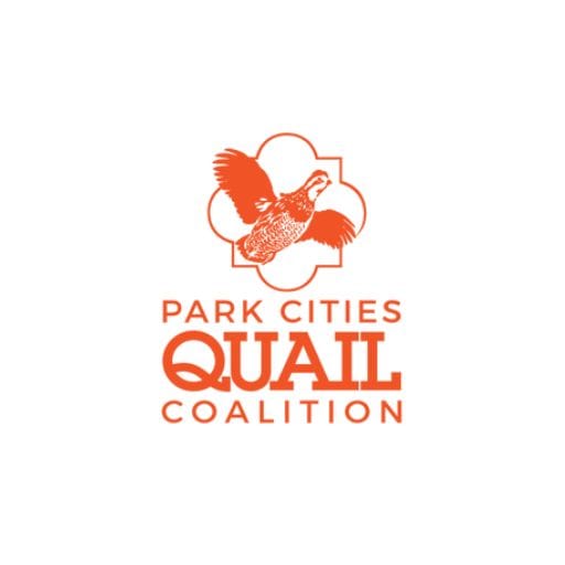 Logo of Park Cities Quail Coalition featuring an orange quail in flight above the organizations name in orange text.