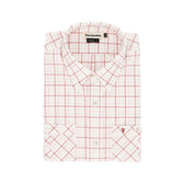 Folded Tidewater Shirt by Tom Beckbe, white with red grid, short sleeve, UPF 30+, and initials on the pocket.