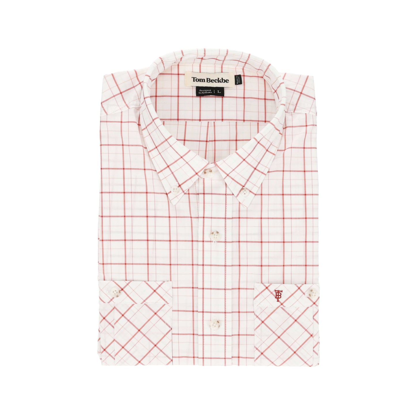 Folded Tidewater Shirt by Tom Beckbe, white with red grid, short sleeve, UPF 30+, and initials on the pocket.