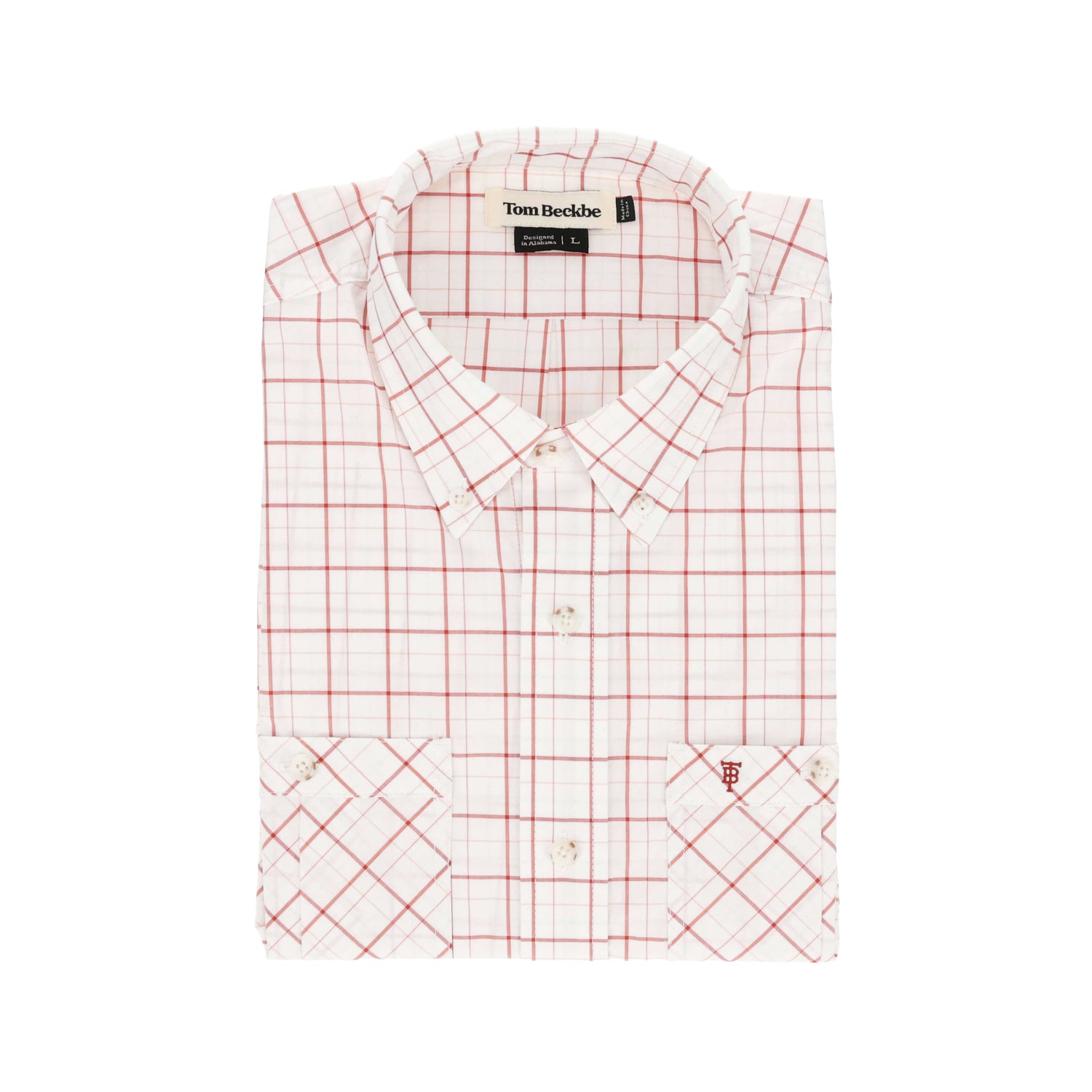 Folded Tidewater Shirt by Tom Beckbe, white with red grid, short sleeve, UPF 30+, and initials on the pocket.