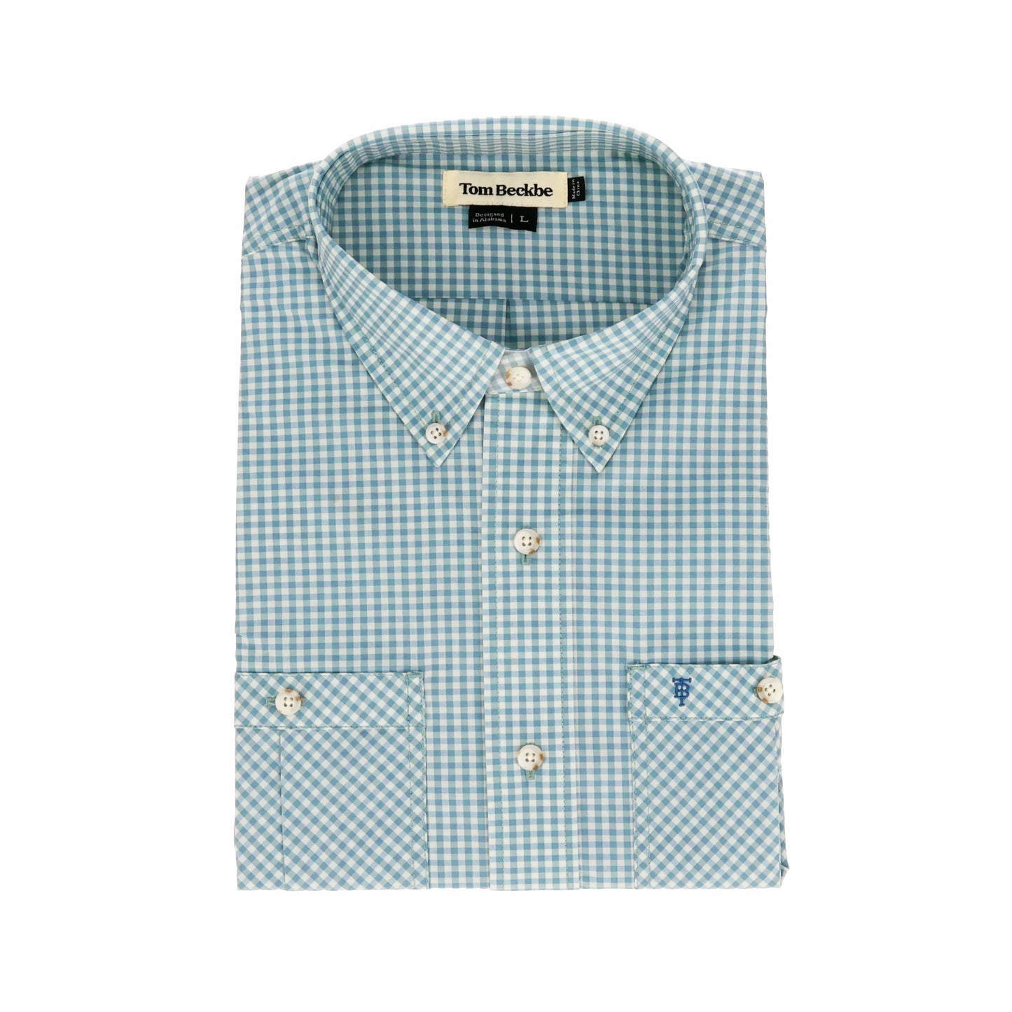 Tom Beckbe Tidewater Shirt: short-sleeve, blue & white gingham, button-down with front pocket, collar, UPF 30+.