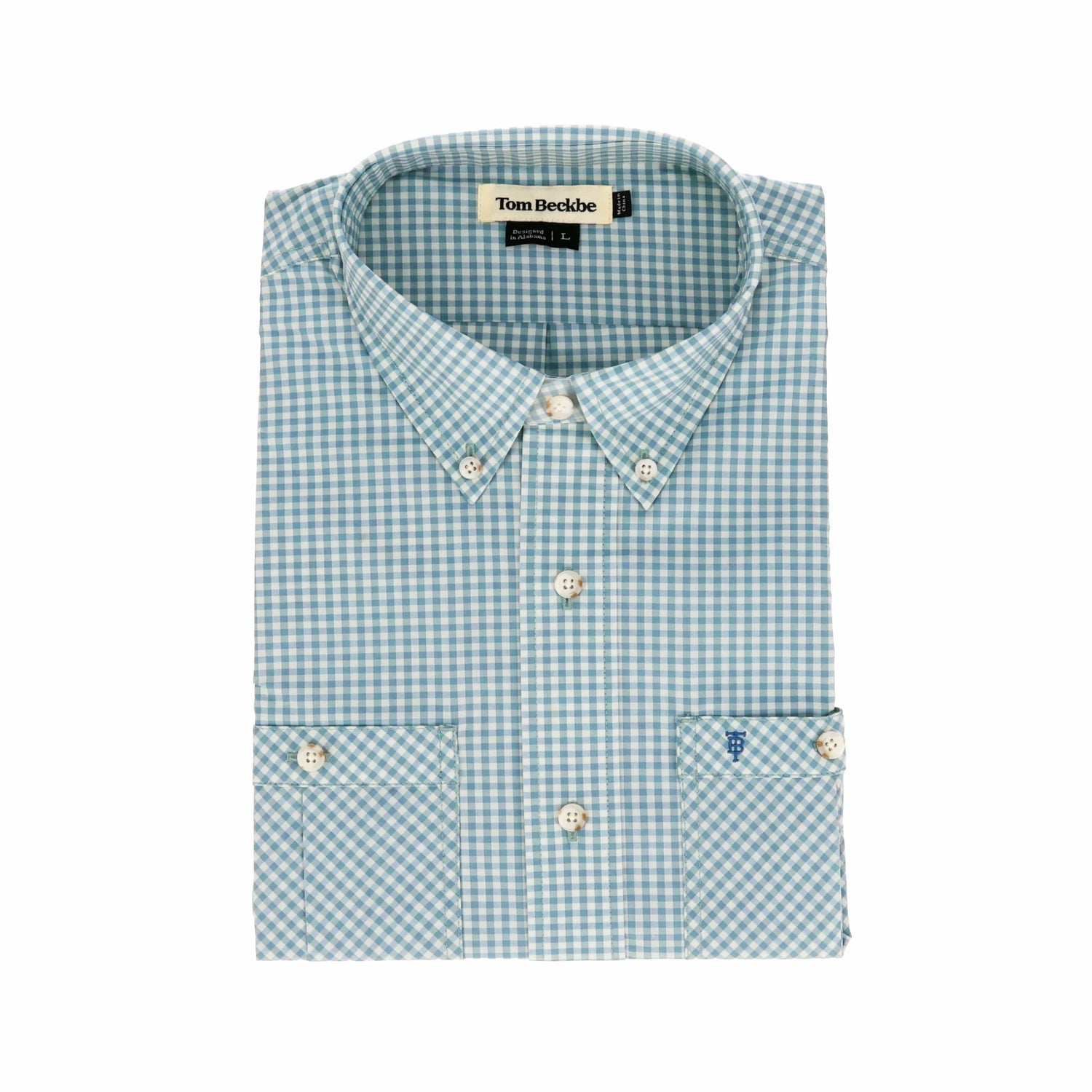 Tom Beckbe Tidewater Shirt: short-sleeve, blue & white gingham, button-down with front pocket, collar, UPF 30+.