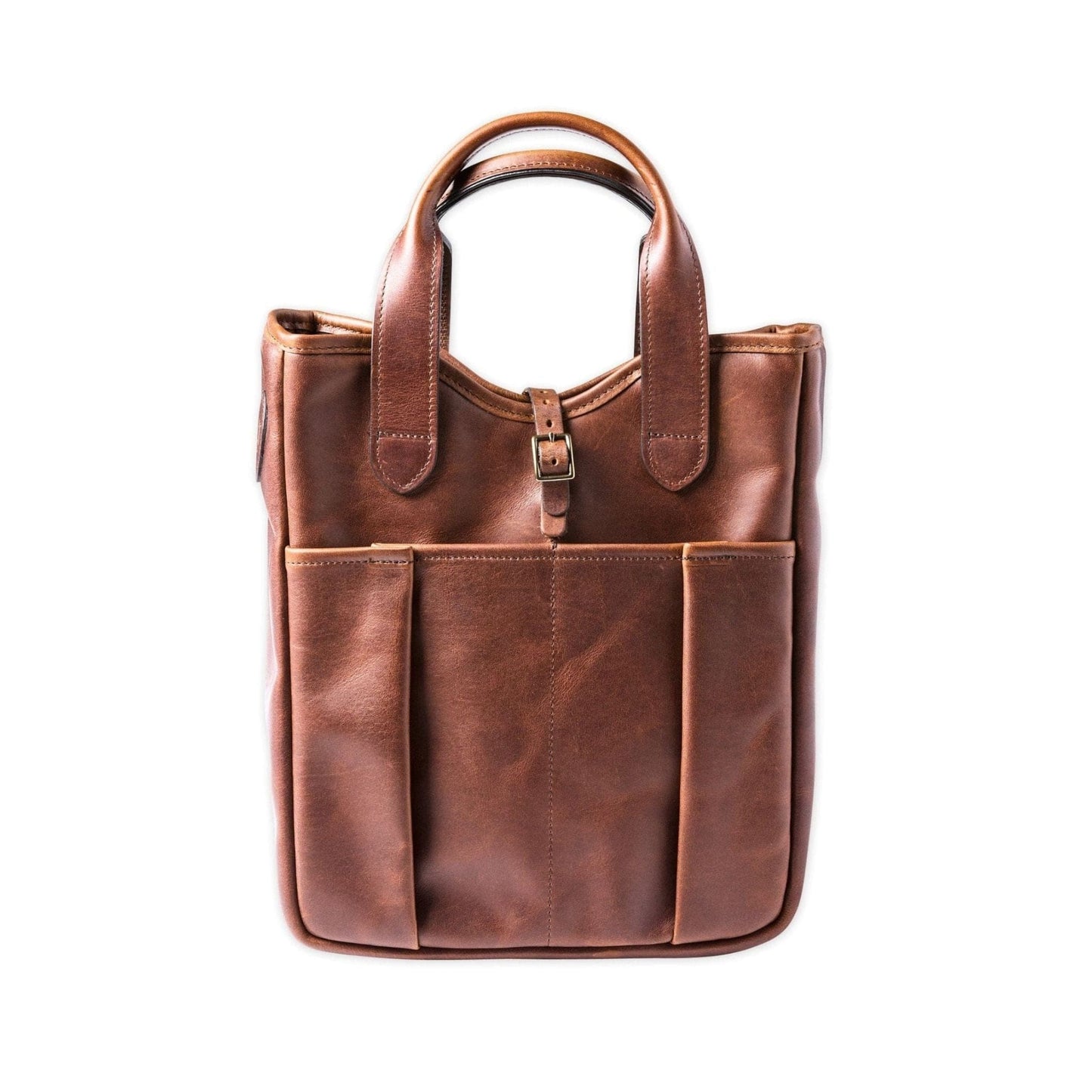Tom Beckbes Leather Whiskey Tote: full-grain leather with two front pockets, buckle closure, and handles. Stylish choice!.