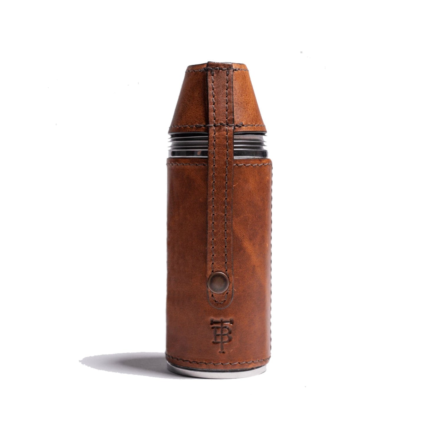 Bottle flask (8oz) in chestnut color leather with embossed TB logo has a snap lid securing four cups