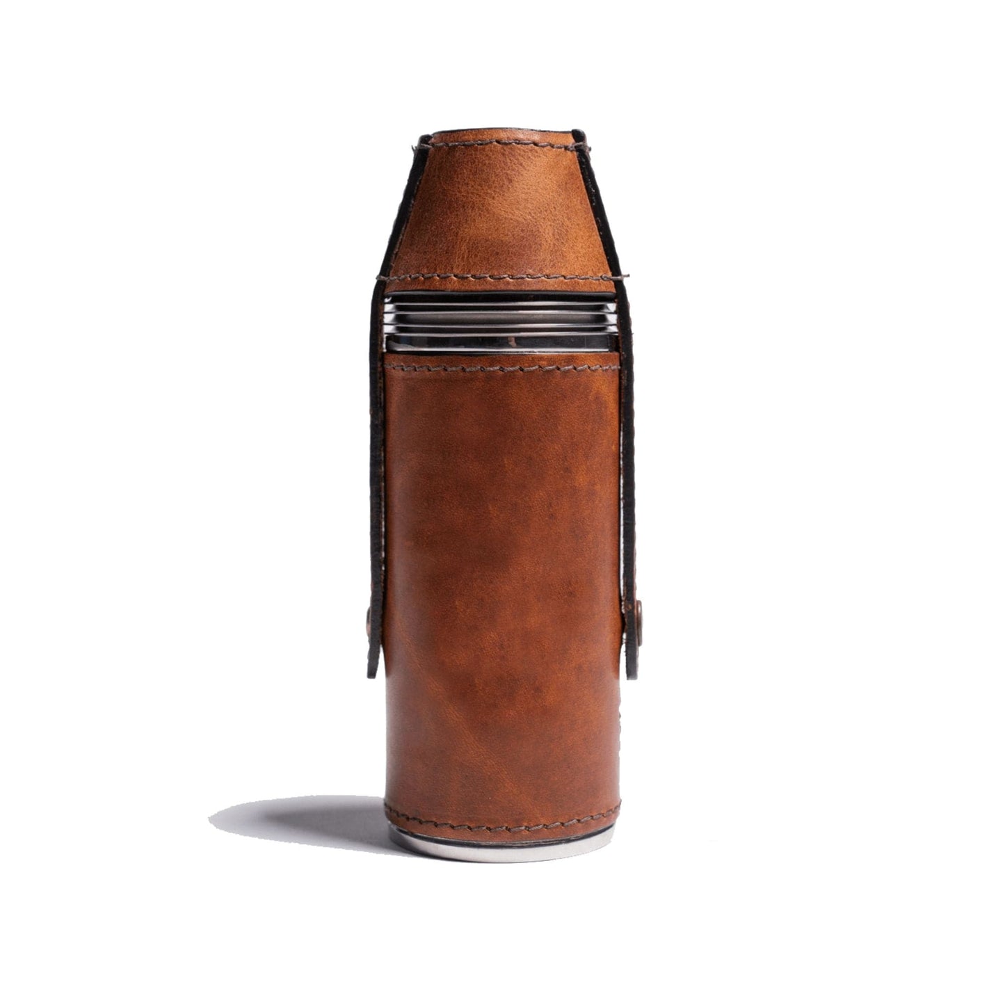Side view of a bottle flask wrapped in full-grain chestnut leather with a snap lid securing four cups