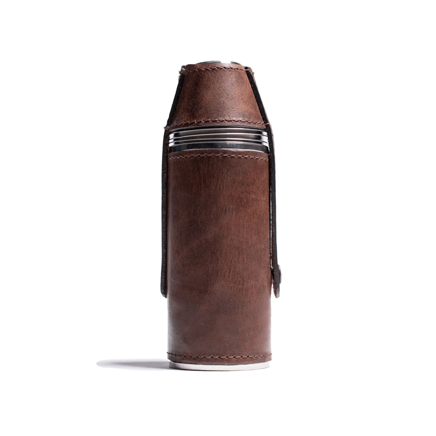 Side view of an 8oz bottle flask wrapped in full-grain oak leather with a snap lid securing four cups
