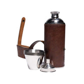 Leather Bottle Flask with embossed TB logo includes four stainless toasting cups and a metal funnel 