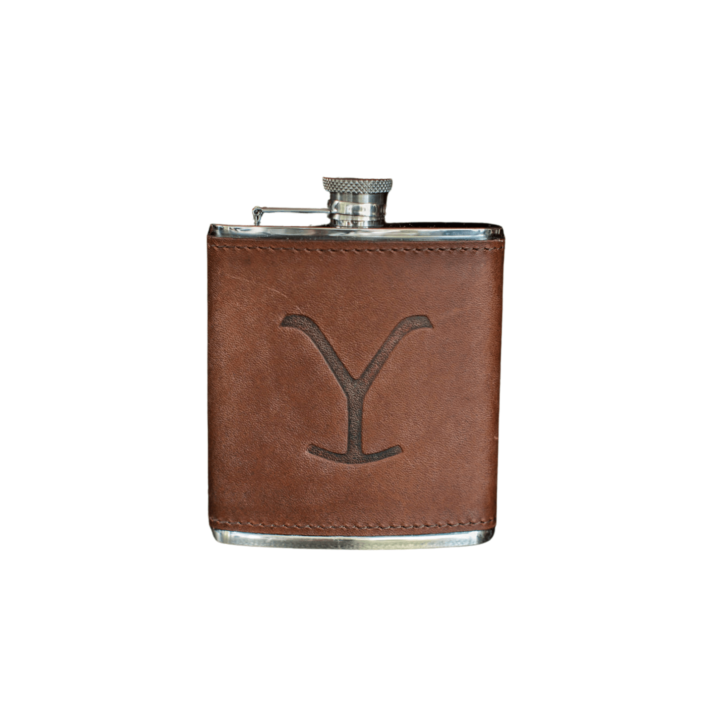 6oz Yellowstone Hip Flask by Tom Beckbe: Screw-on cap, brown leather wrap, embossed Y.