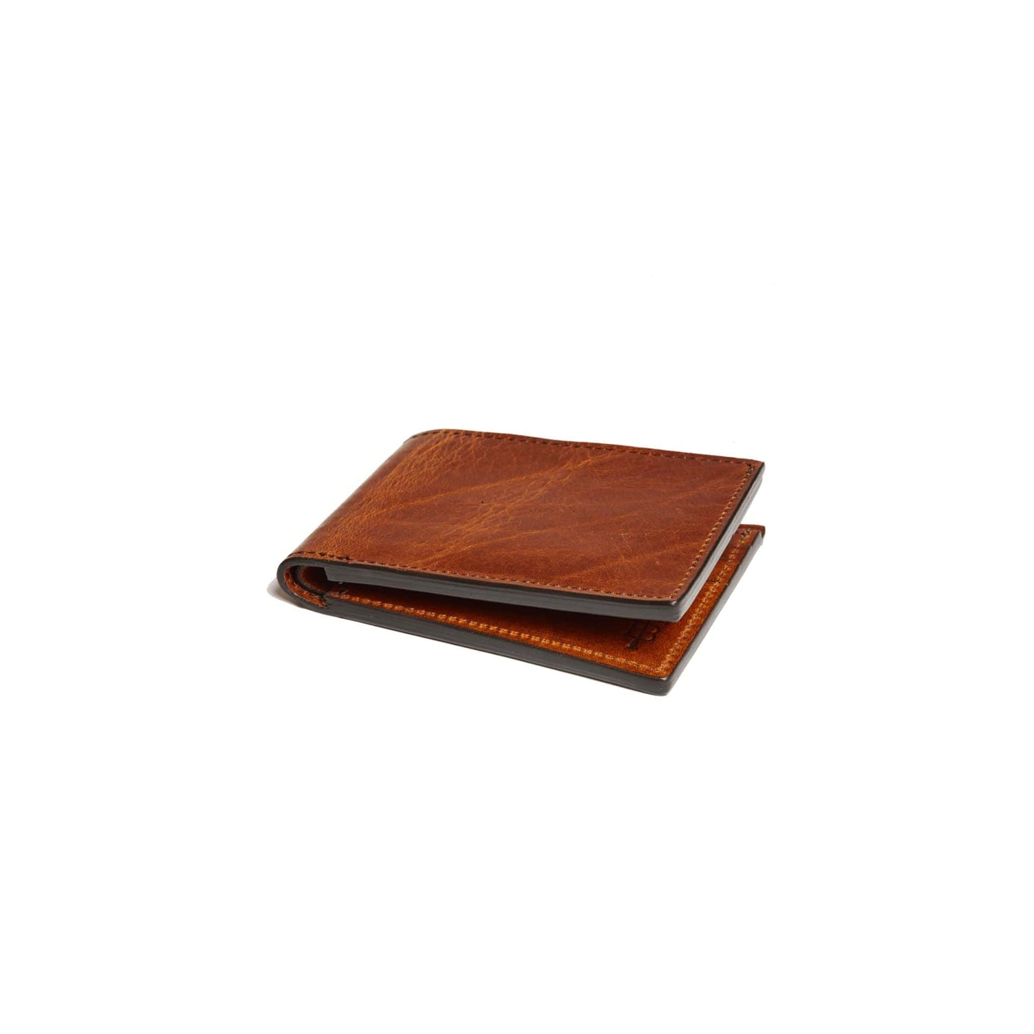 Tom Beckbe chestnut leather bifold wallet features a slim silhouette measuring 4.25" x 3.25" folded.