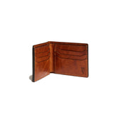 The chestnut leather bifold wallet features a bill compartment, two slide pockets, and six card slots