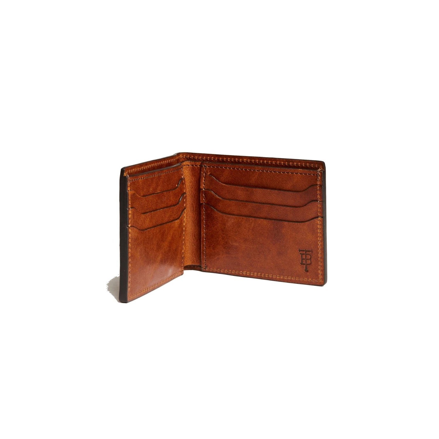 The chestnut leather bifold wallet features a bill compartment, two slide pockets, and six card slots