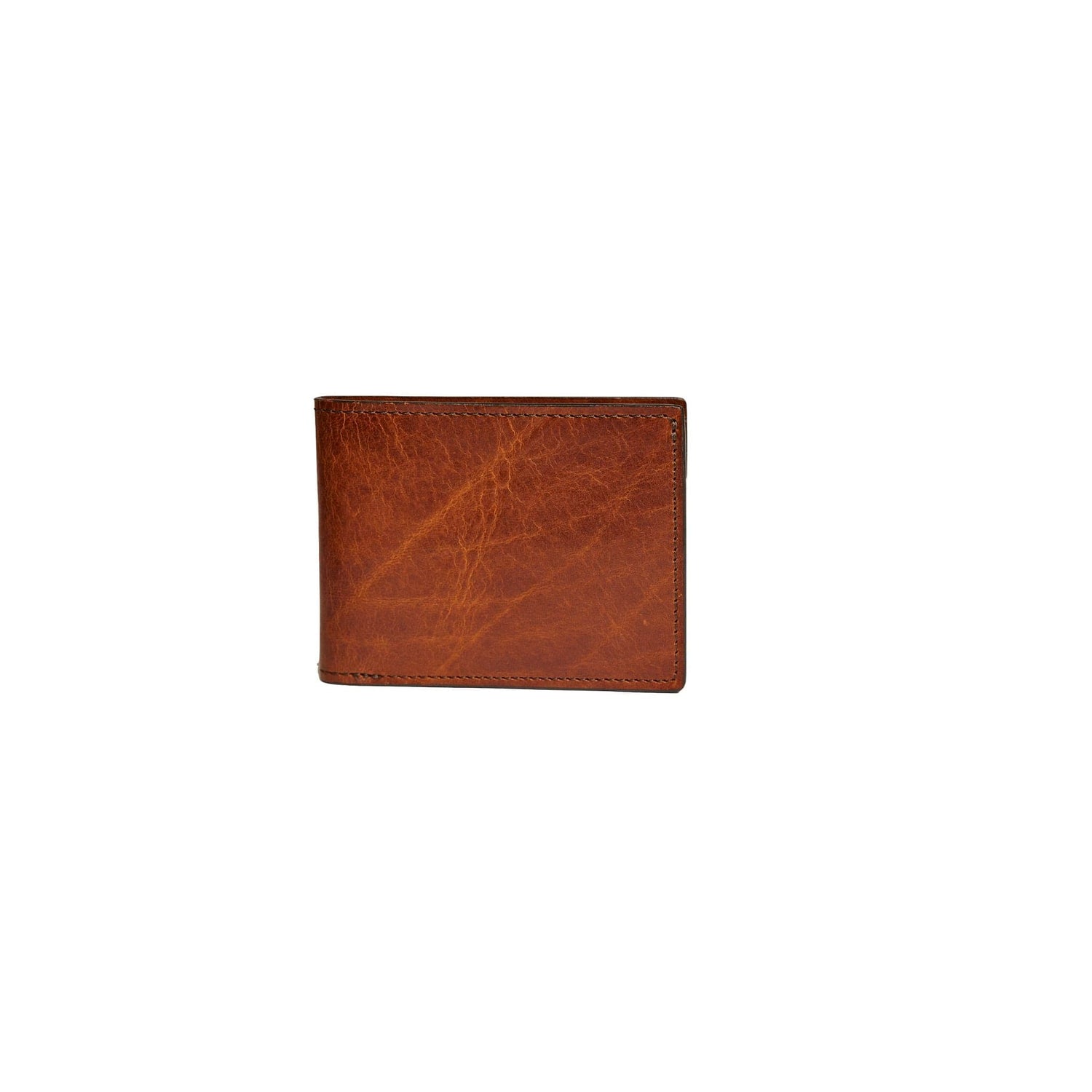 The chestnut leather bifold wallet measures 4.25" x 3.25" when folded.