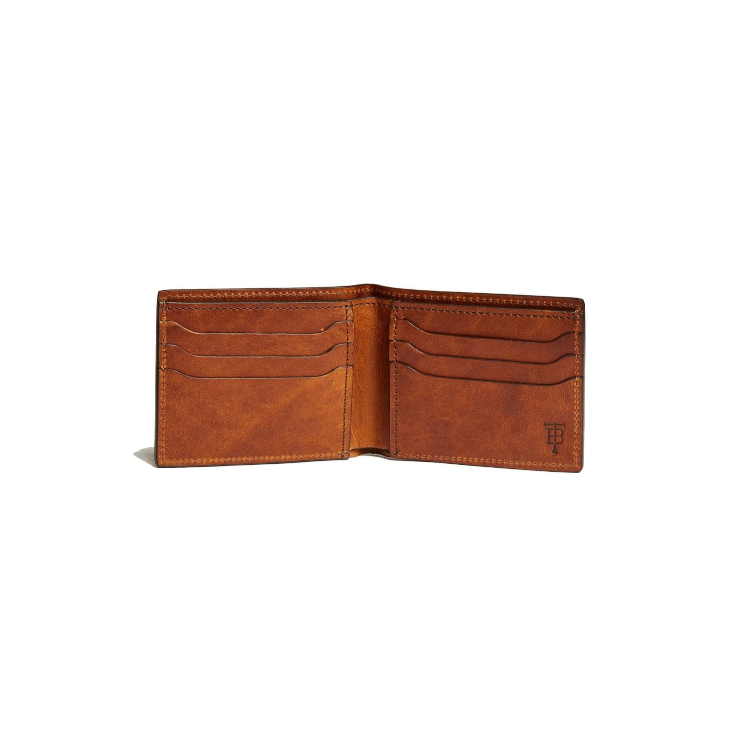 The leather bifold wallet has a bill compartment, two slide pockets, and six card slots with TB logo