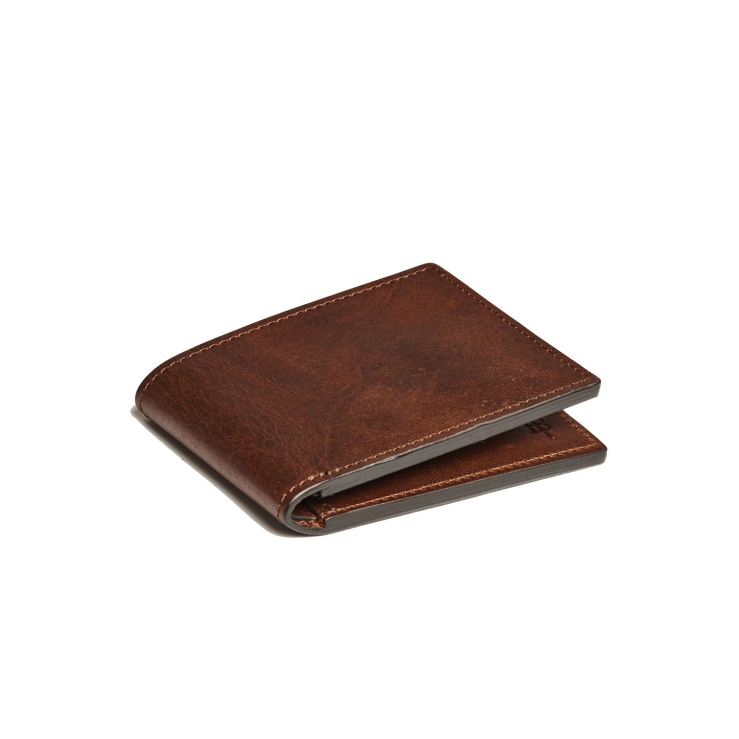 Tom Beckbe oak leather bifold wallet features a slim silhouette measuring 4.25" x 3.25" folded.