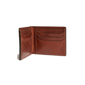 The oak leather bifold wallet features a bill compartment, two slide pockets, and six card slots.