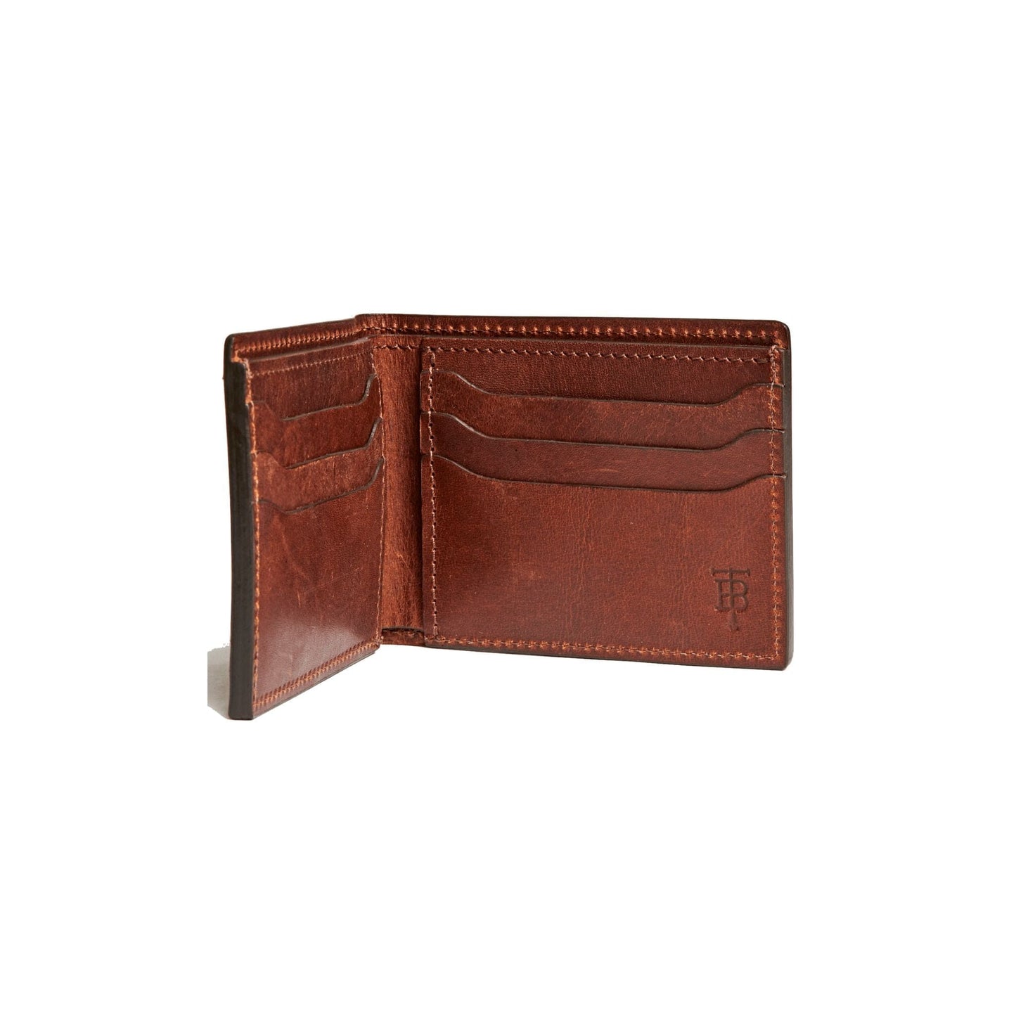 The oak leather bifold wallet features a bill compartment, two slide pockets, and six card slots.