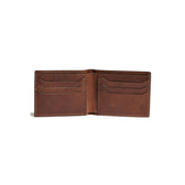 The oak leather bifold wallet features a bill compartment, two slide pockets, and six card slots.