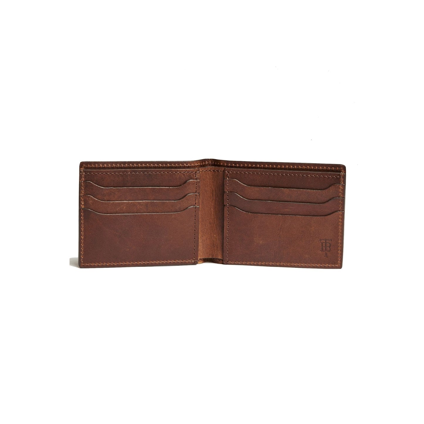 The oak leather bifold wallet features a bill compartment, two slide pockets, and six card slots.