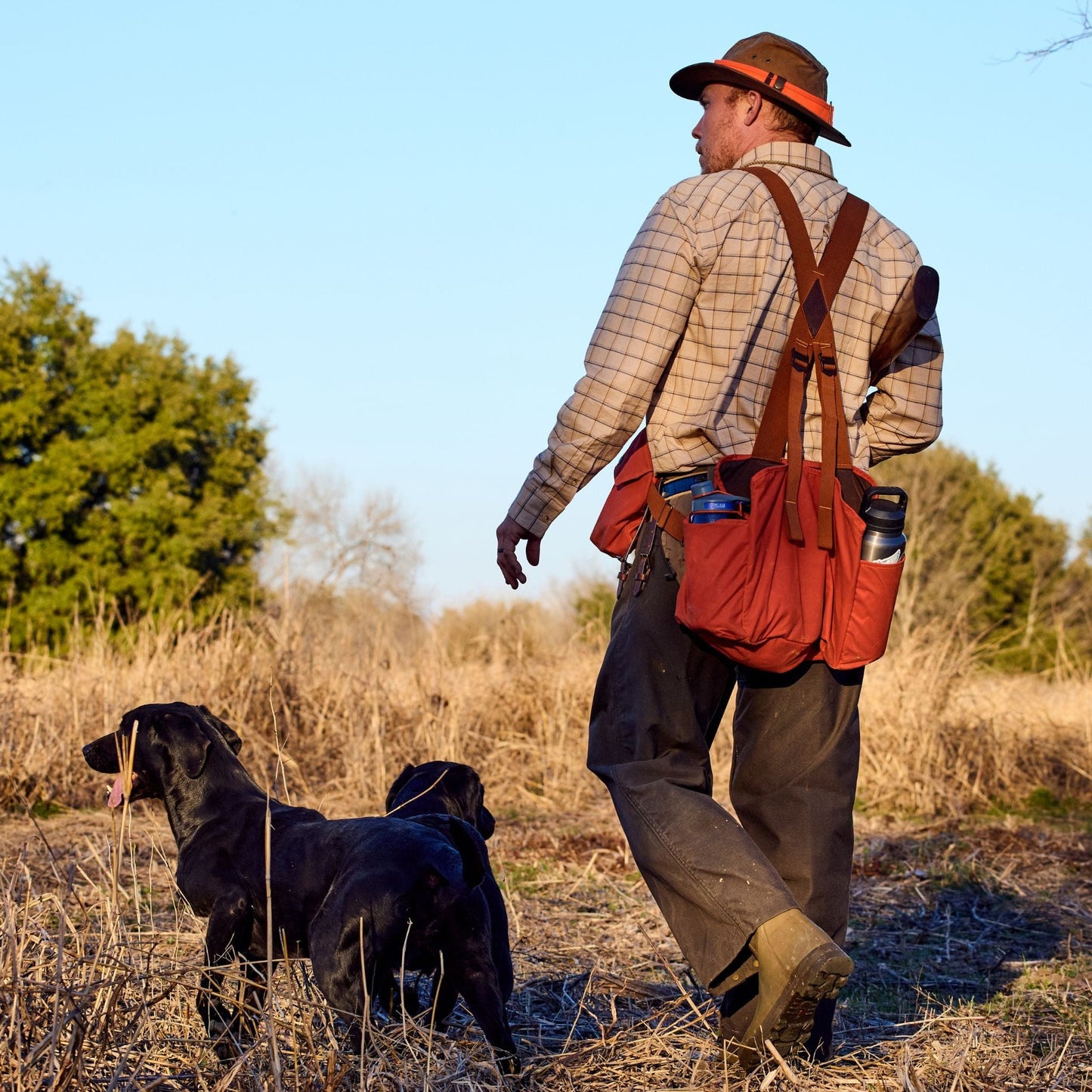 Man in Tom Beckbe Strap Vest with two black dogs walks through a field, carrying a hunting bag and wearing a brown hat.