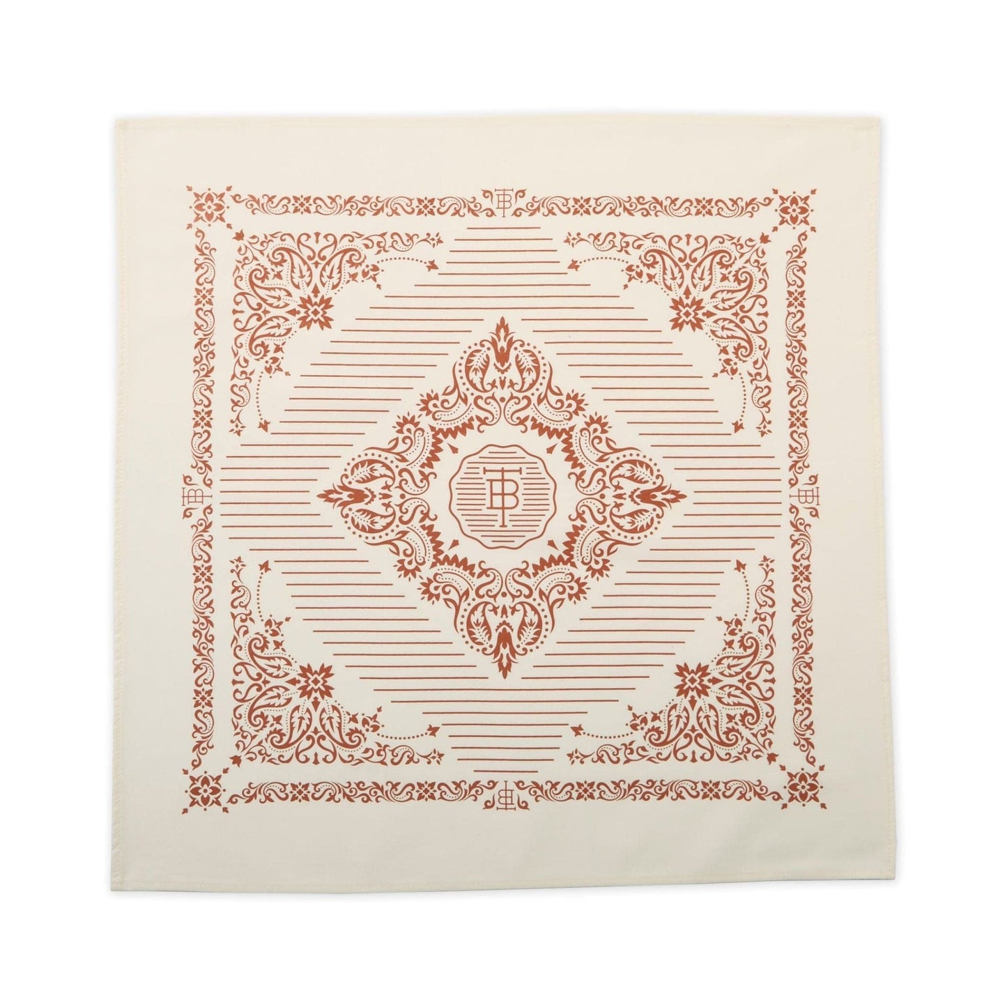Tom Beckbe bandana is 22 inch square and screen printed with an ivory classic Western American motif